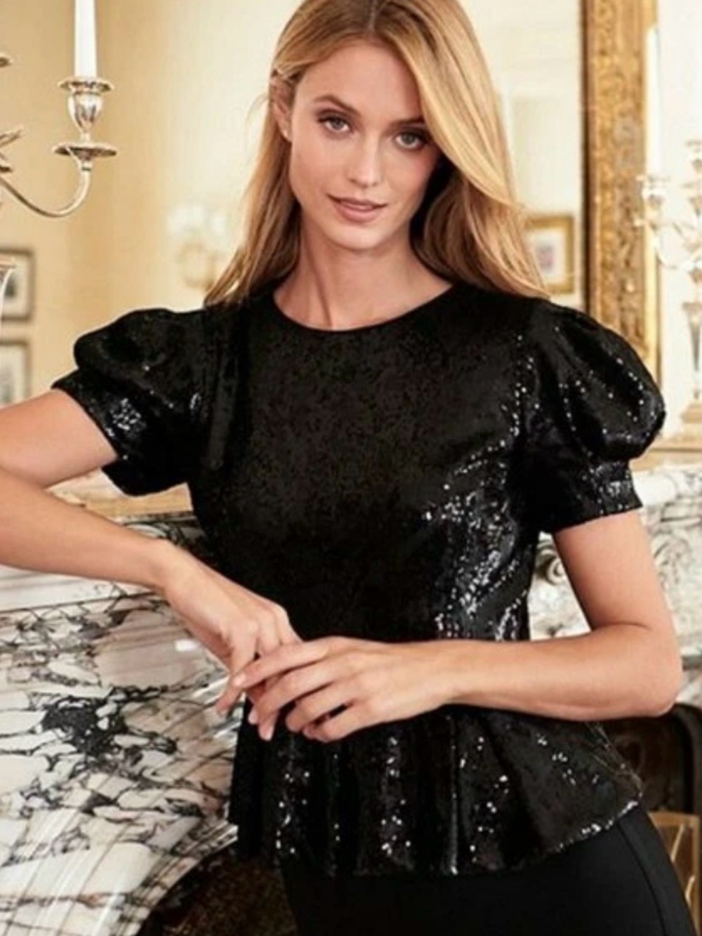 NWT Antonio Melani Sequin peplum top with puff sleeve